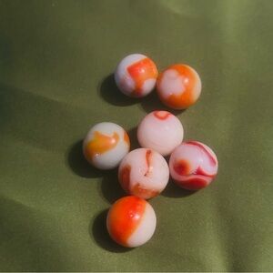 Lot of 7 Antique Glass Akro Agate Orange + White Oxblood Swirl Marbles
